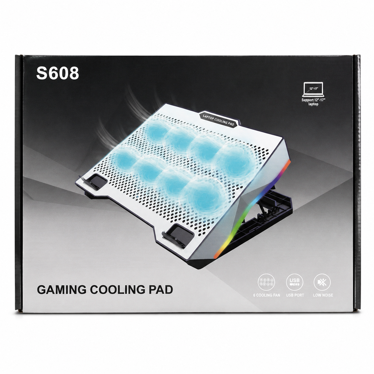S608 Gaming Laptop Cooling Pad 8 Fans Blue LED Lighting Adjustable Stand Fits 12" to 17" Laptops (New)