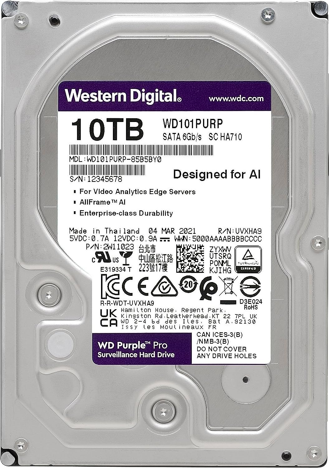 Western Digital 10TB SATA 6 Gb/s, 256 MB Cache, 3.5" WD Purple Pro Surveillance Internal Hard Drive (Brand New)