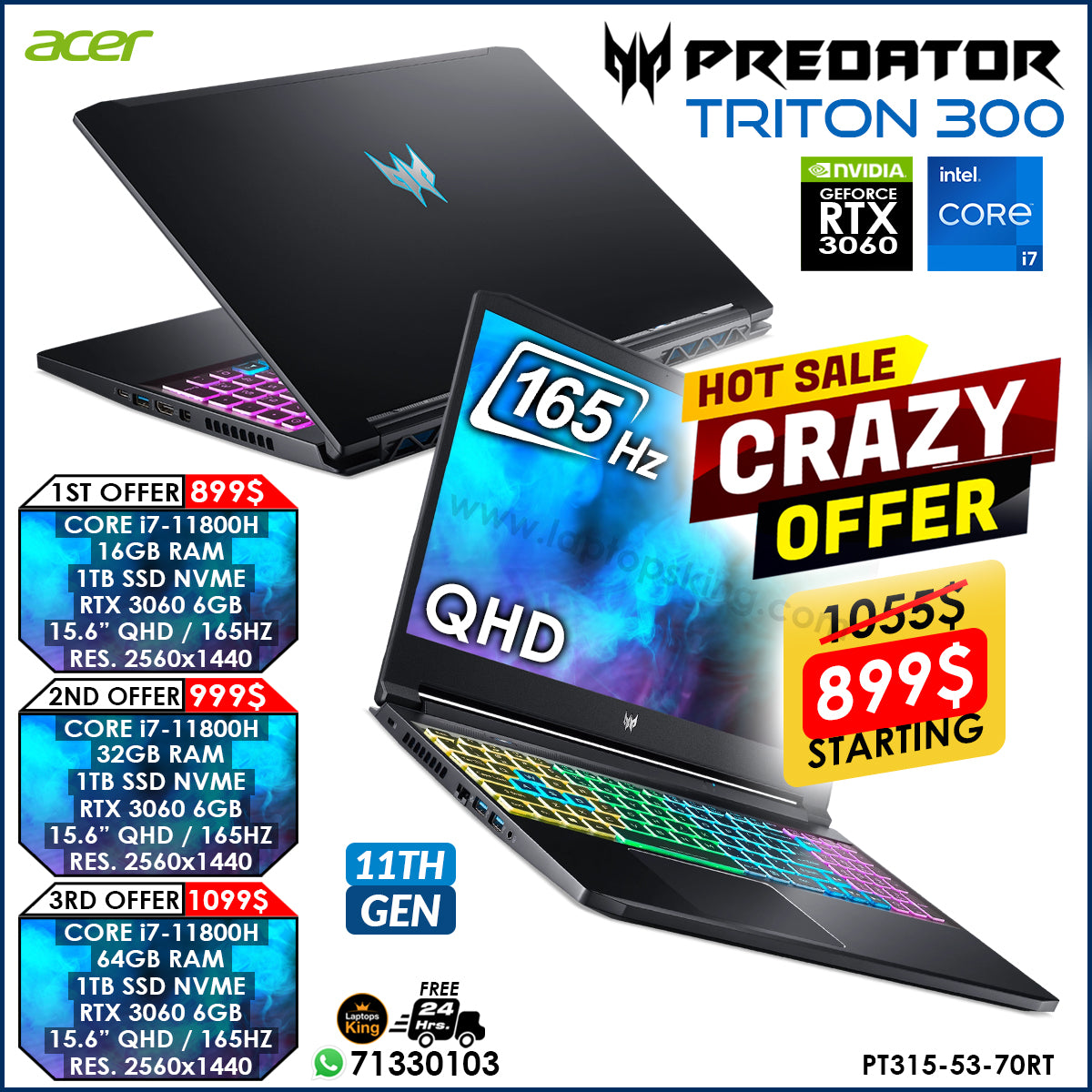Acer Predator Triton 300 PT315-53-70RT Core i7-11800h Rtx 3060
