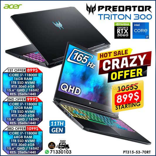 Acer Predator Triton 300 PT315-53-70RT Core i7-11800h Rtx 3060 165hz Qhd Gaming Laptop Offers (New OB)