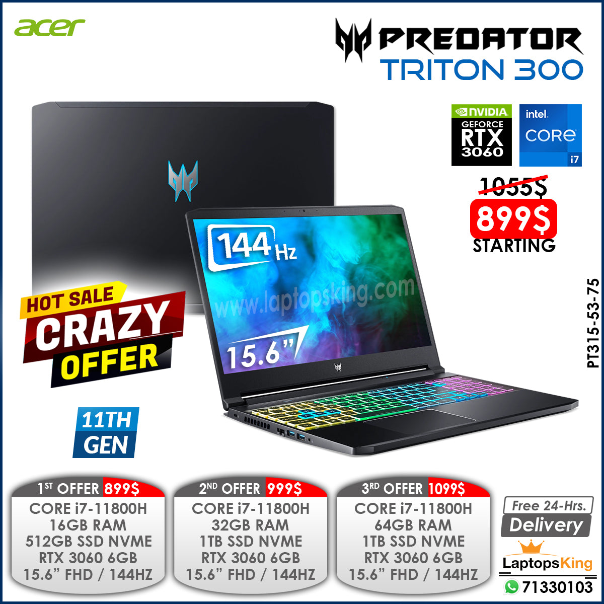 Acer Predator Triton 300 PT315-53-75 Core i7-11800h Rtx 3060 144hz