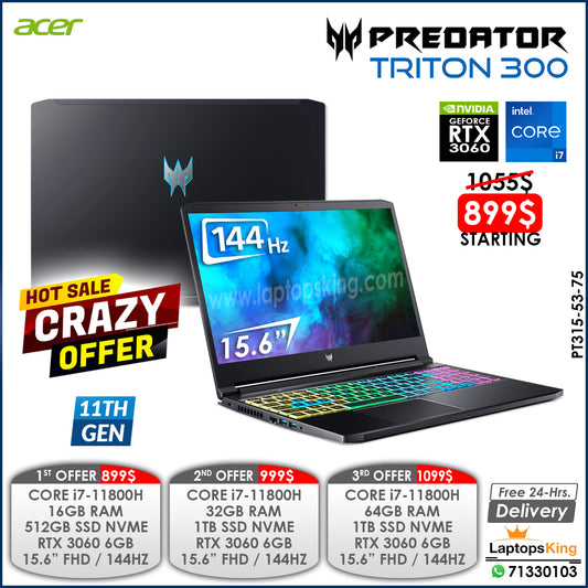Acer Predator Triton 300 PT315-53-75 Core i7-11800h Rtx 3060 144hz 15.6" Gaming Laptop Offers (New OB)