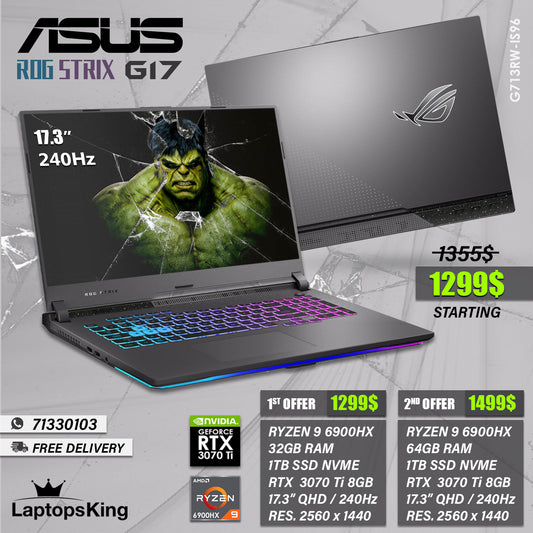 Asus Rog Strix G17 G713RW-IS96 Ryzen 9 6900hx Rtx 3070 Ti 240hz Qhd 17.3" Gaming Laptops (New OB)