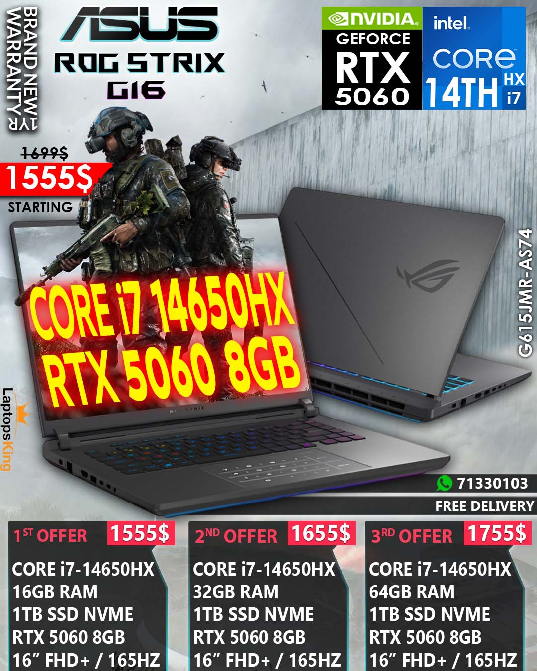 ASUS ROG STRIX G16 G615JMR-AS74 CORE i7-14650HX RTX 5060 16” FHD+