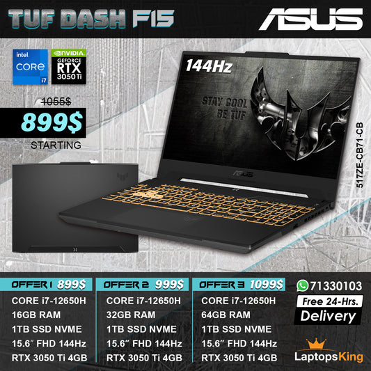 Asus TUF Dash F15 517ZE-CB71-CB Core i7-12650H RTX 3050 Ti 15.6" 144Hz Military Grade Gaming Laptops (New OB)