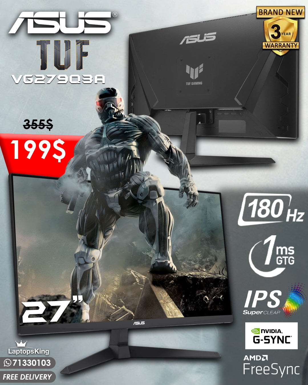 ASUS TUF VG279Q3A 27” FHD SCREEN FAST IPS 180HZ 1MS GAMING MONITOR (BRAND NEW 3YRS WARRANTY)