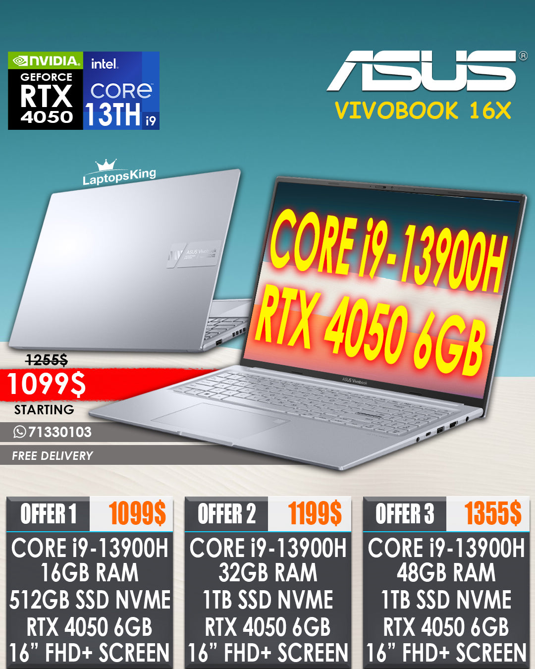 ASUS VIVOBOOK 16X CORE i9-13900H RTX 4050 16” FHD+ CREATOR LAPTOPS (NEW 1YR WARRANTY)