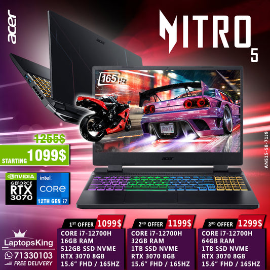 Acer Nitro 5 AN515-58-71J9 Core i7-12700h Rtx 3070 165hz 15.6" Gaming Laptops (New OB)