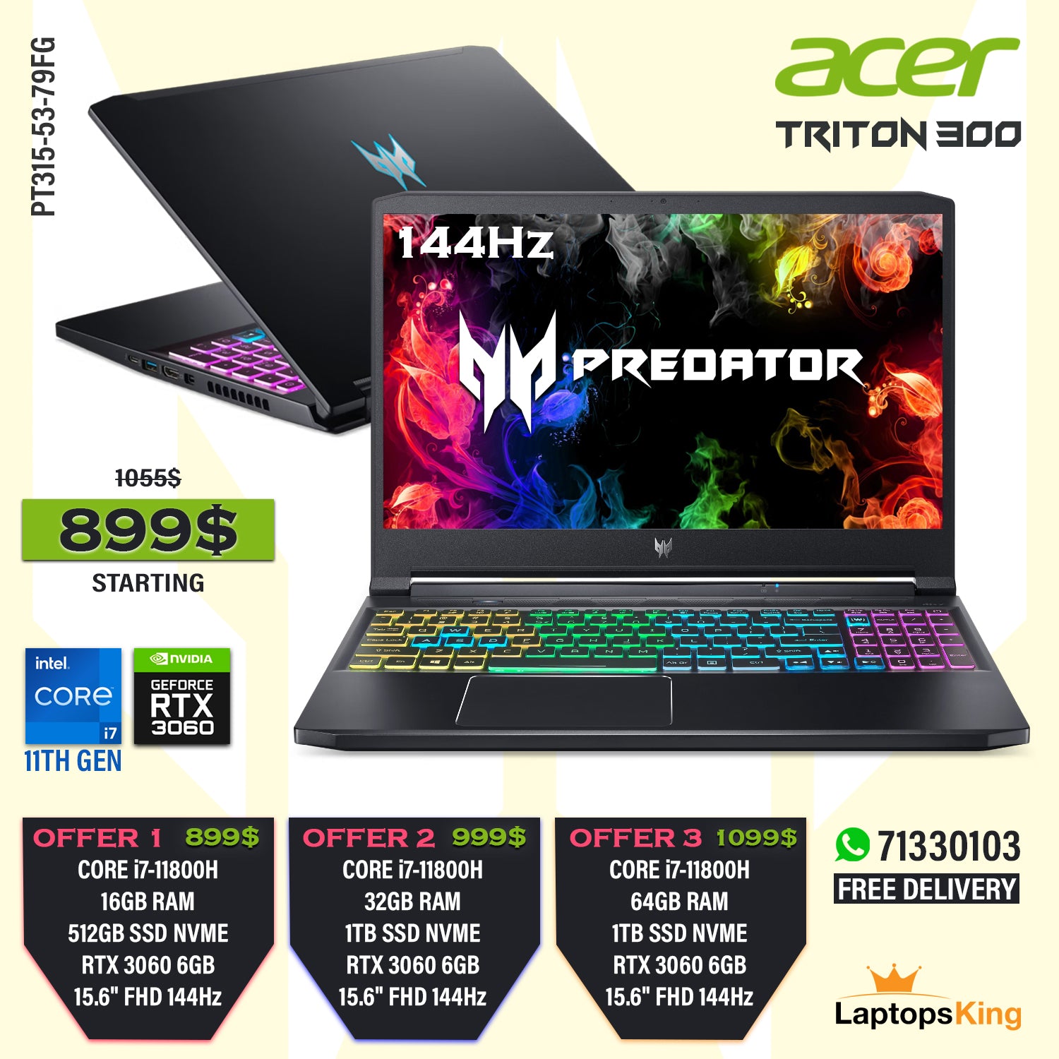 Acer Predator Triton 300 PT315-53-79FG Core i7-11800h Rtx 3060