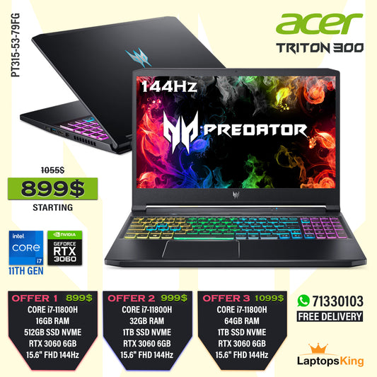 Acer Predator Triton 300 PT315-53-79FG Core i7-11800h Rtx 3060 144hz 15.6" Gaming Laptops (New OB)