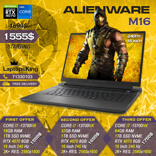 Alienware M16 Core i7-13700hx Rtx 4070 240hz 2k+ 16" Gaming Laptops (New OB)