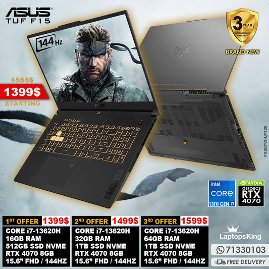 Asus Tuf F15 FX507VI-LP129 Core i7-13620h Rtx 4070 144hz 15.6" Military Grade Gaming Laptops (Brand New)