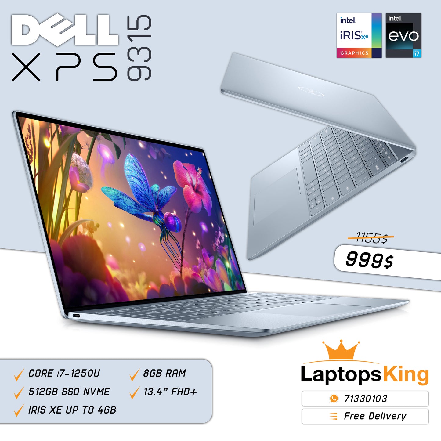 Dell Xps 9315 Core i7-1250u Iris Xe 13.4" Fhd+ Laptop Offer (New OB)