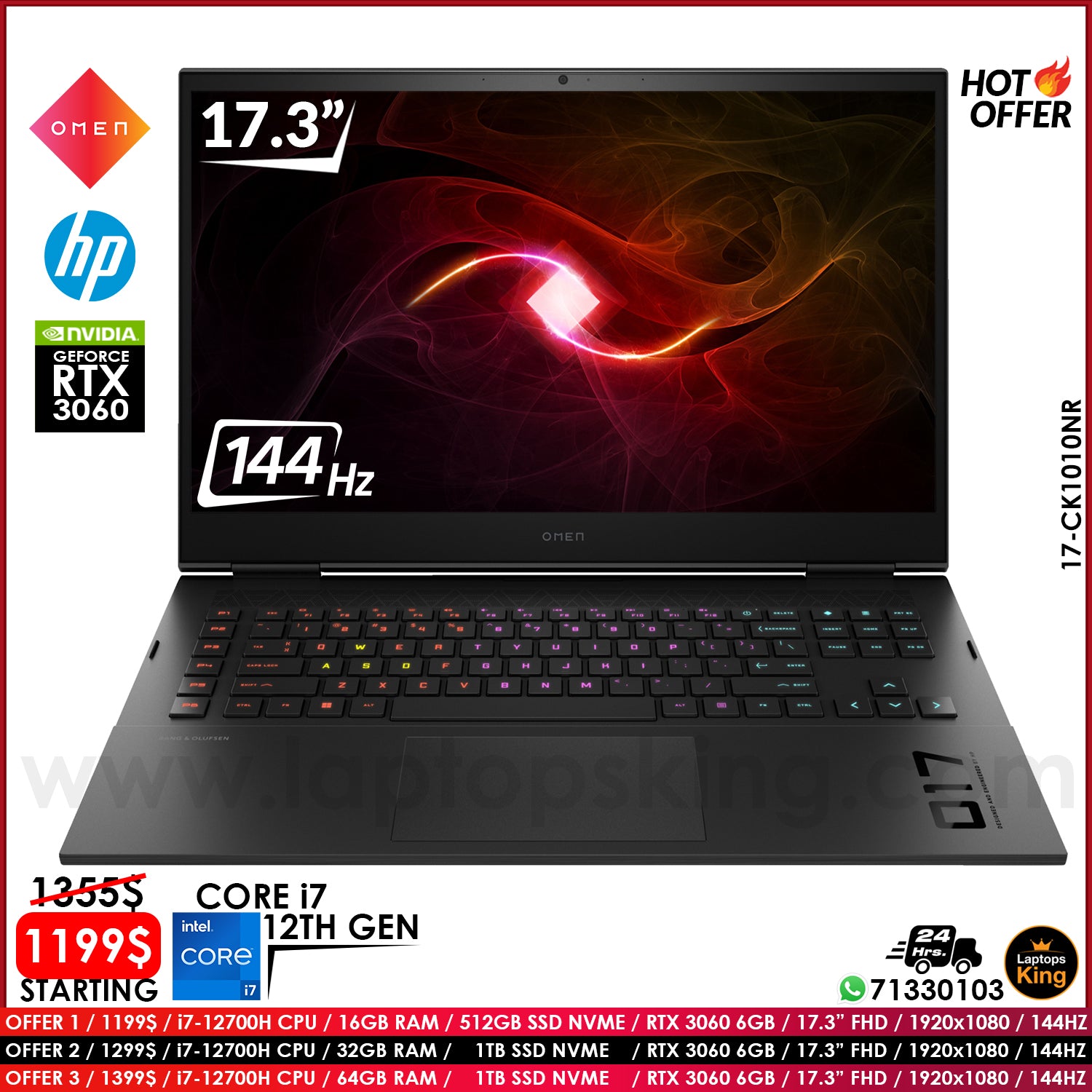 HP Omen 17-CK1010NR Core i7-12700h Rtx 3060 144hz Gaming