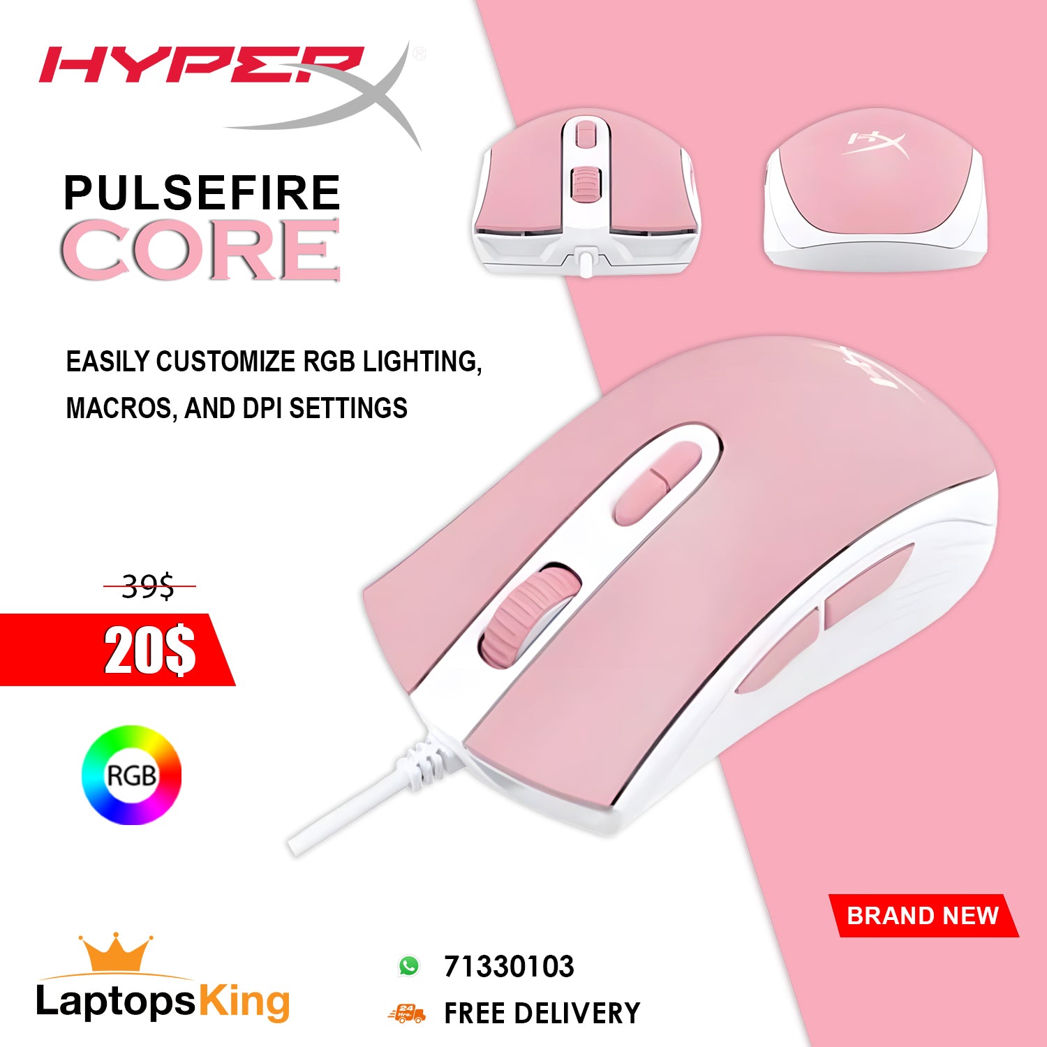 Hyperx Pulsefire Core Pink Rgb Gaming Mouse (Brand New