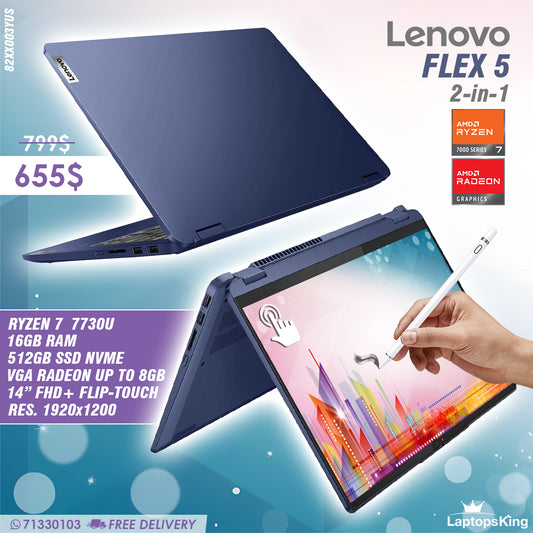 Lenovo Ideapad Flex 5 2in1 82XX003YUS Ryzen 7 7730u Radeon Vga 14" Laptop (New OB)