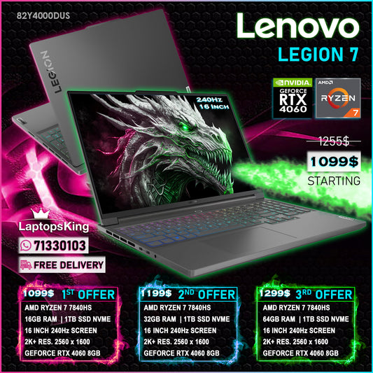 Lenovo Legion 7 82Y4000DUS Ryzen 7 7840hs Rtx 4060 240hz 2k+ 16" Gaming Laptops (New OB)