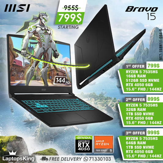 Msi Bravo 15 9S7-158N11-084-R Ryzen 5 7535hs Rtx 4050 144hz 15.6" Gaming Laptops (New OB)