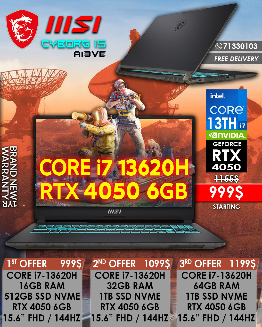 MSI CYBORG 15 A13VE CORE i7-13620H RTX 4050 15.6” FHD 144HZ GAMING LAPTOP (BRAND NEW 1YR WARRANTY)