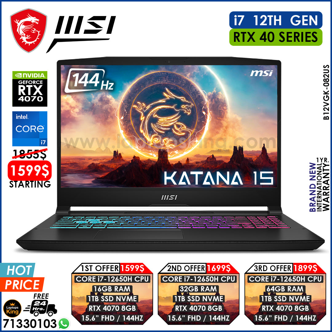 Msi Katana 15 B12VGK-082US Core i7-12650H Rtx 4070 144hz Gaming