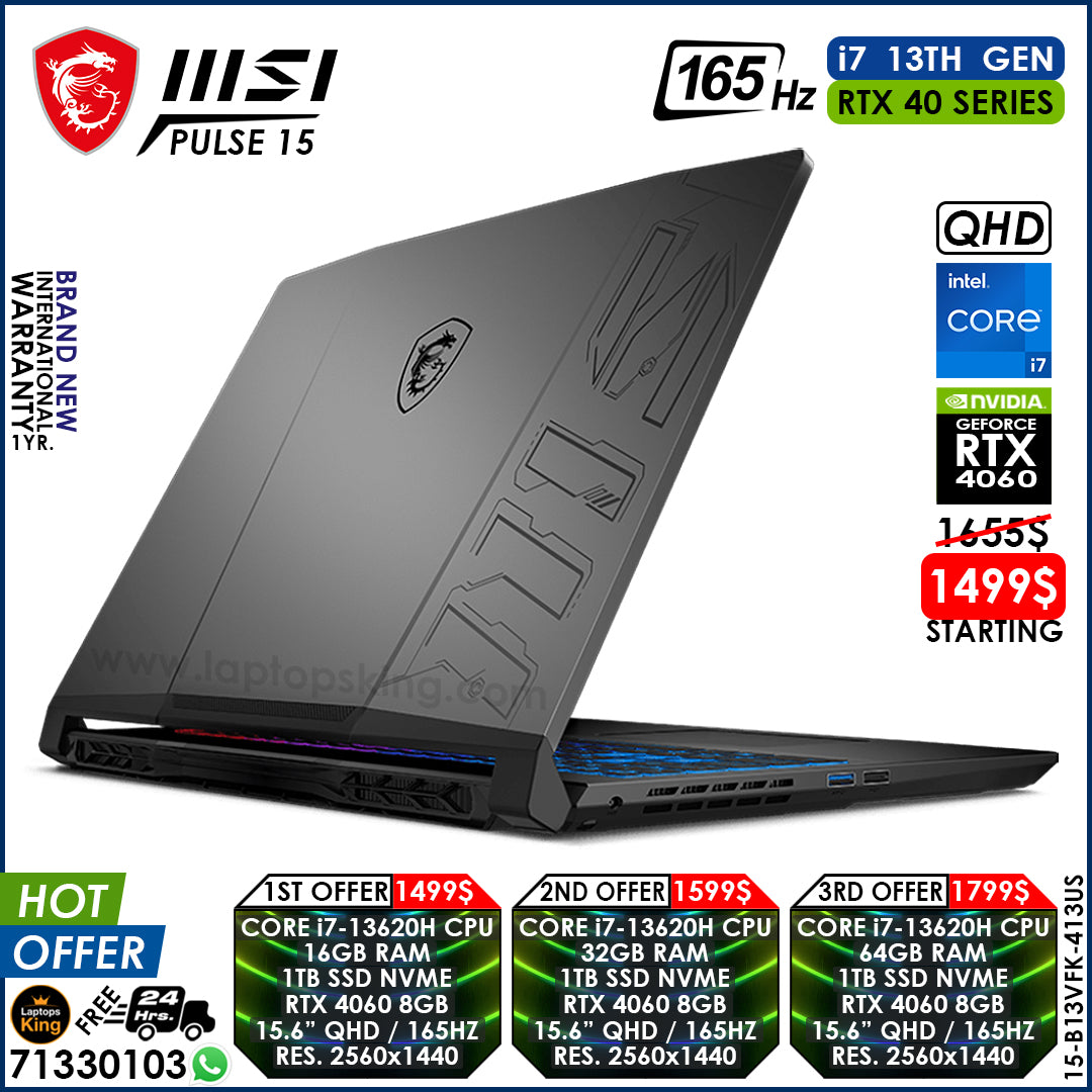 Msi Pulse 15 B13VFK-413US Core i7-13620h Rtx 4060 165hz Qhd Gaming