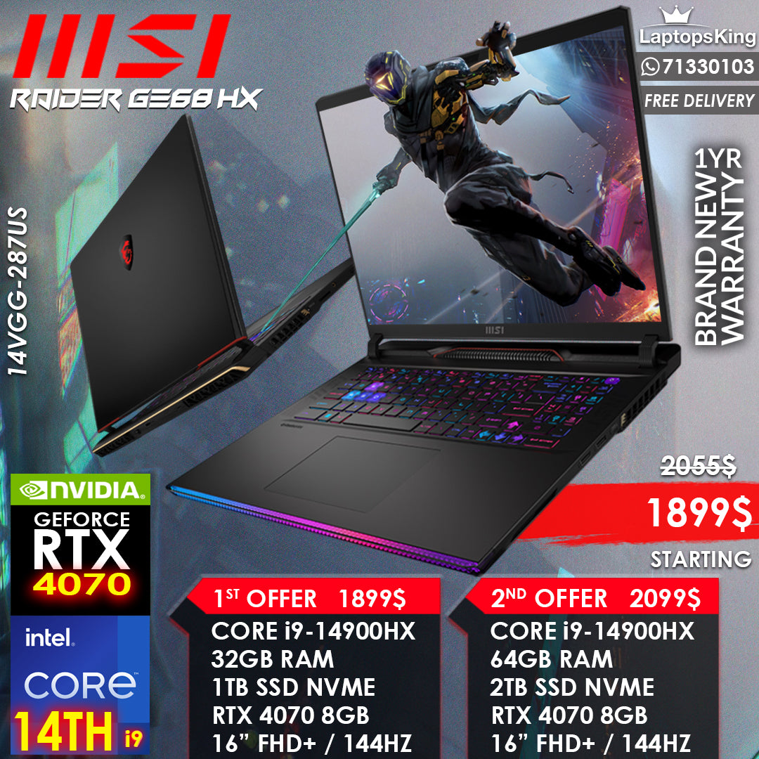 MSI RAIDER GE68 HX CORE i9-14900HX RTX 4070 144HZ 16” FHD+ GAMING LAPTOPS (BRAND NEW)