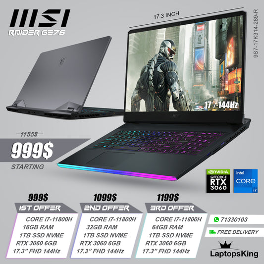 Msi Raider Ge76 9S7-17K314-289-R Core i7-11800h Rtx 3060 144hz 17.3" Gaming Laptops (New OB)