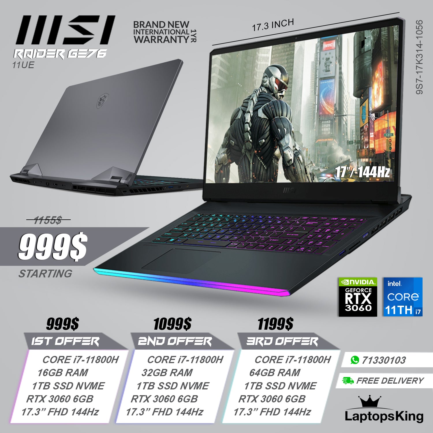 Msi Raider GE76 11UE 9S7-17K314-1056 Steelseries Core i7-11800h