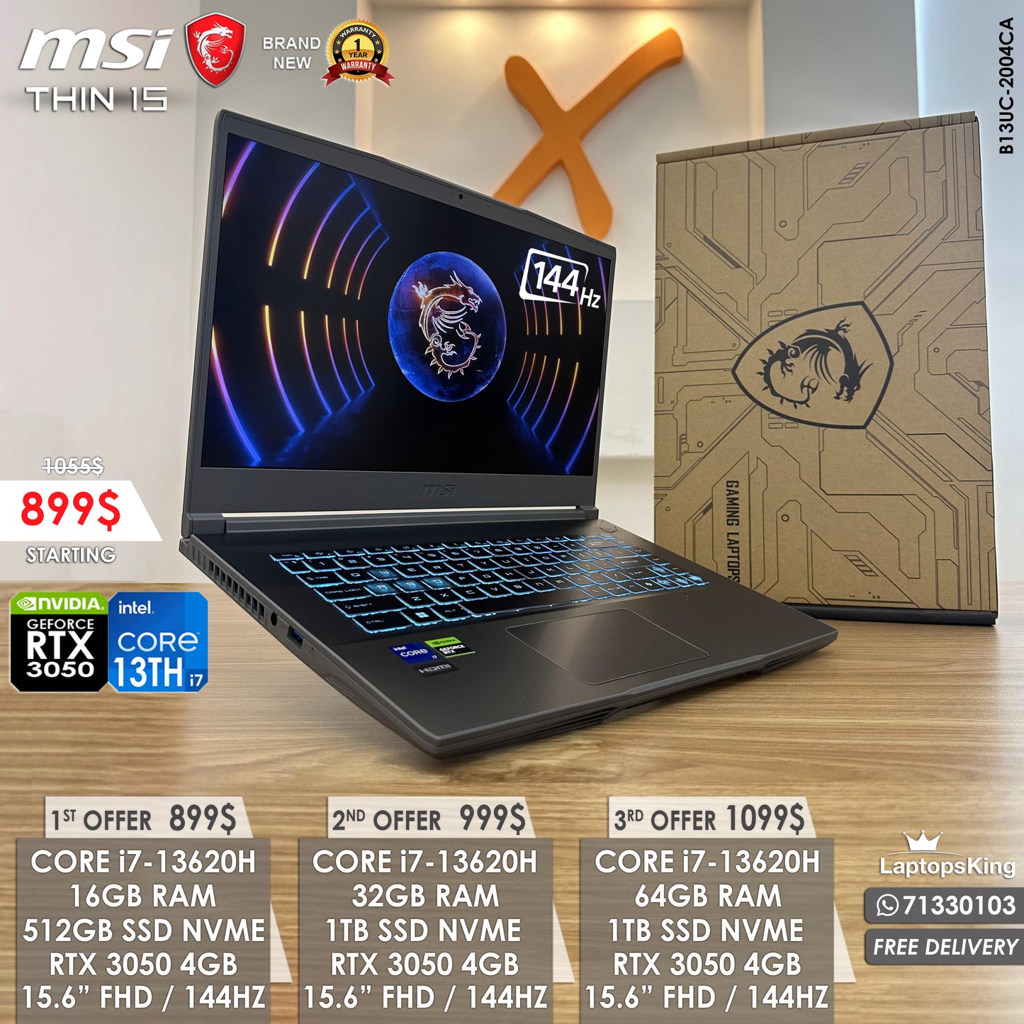 Msi Thin 15 B13UC-2004CA Core i7-13620h Rtx 3050 144hz 15.6" Gaming Laptops (Brand New)