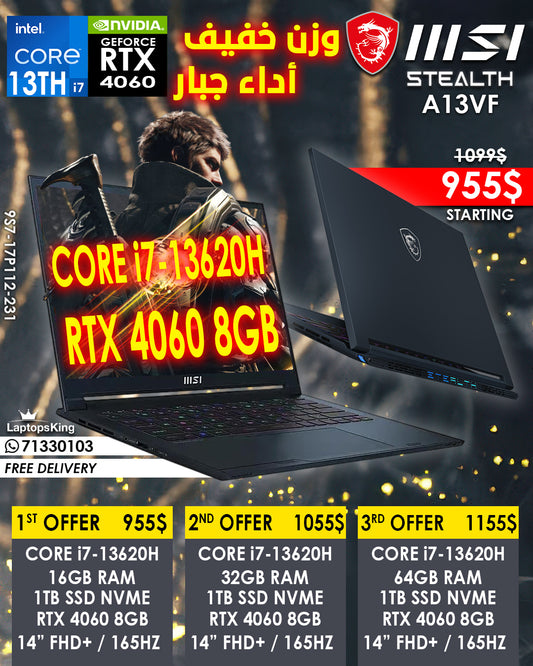 MSI STEALTH A13VF 9S7-17P112-231 CORE i7-13620H RTX 4060 14" FHD+ 165HZ GAMING LAPTOP (NEW OB 1YR WARRANTY)