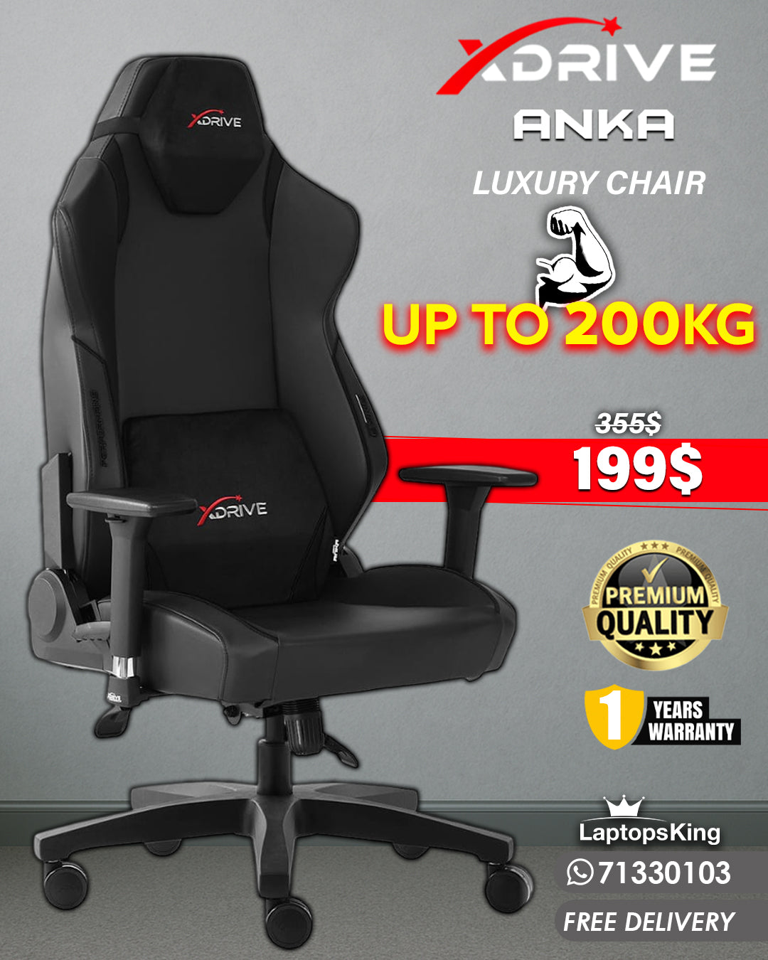 XDRIVE ANKA LUXURY CHAIR FULL BLACK LEATHER (BRAND NEW)