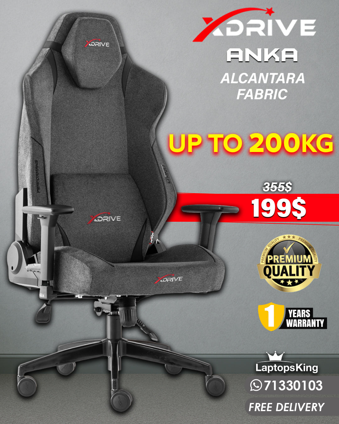 XDRIVE ANKA LUXURY CHAIR GREY FABRIC (BRAND NEW)