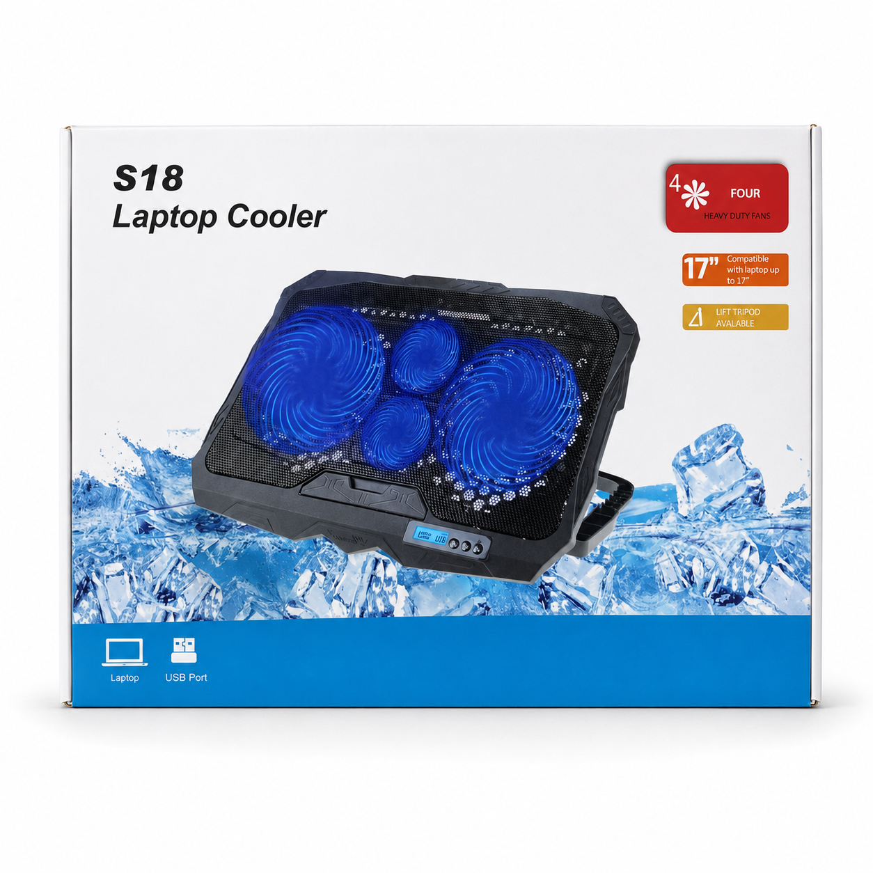 S18 Laptop Cooling Pad 4 Blue LED Fans LCD Display Adjustable Stand Fits Up to 17" (New)