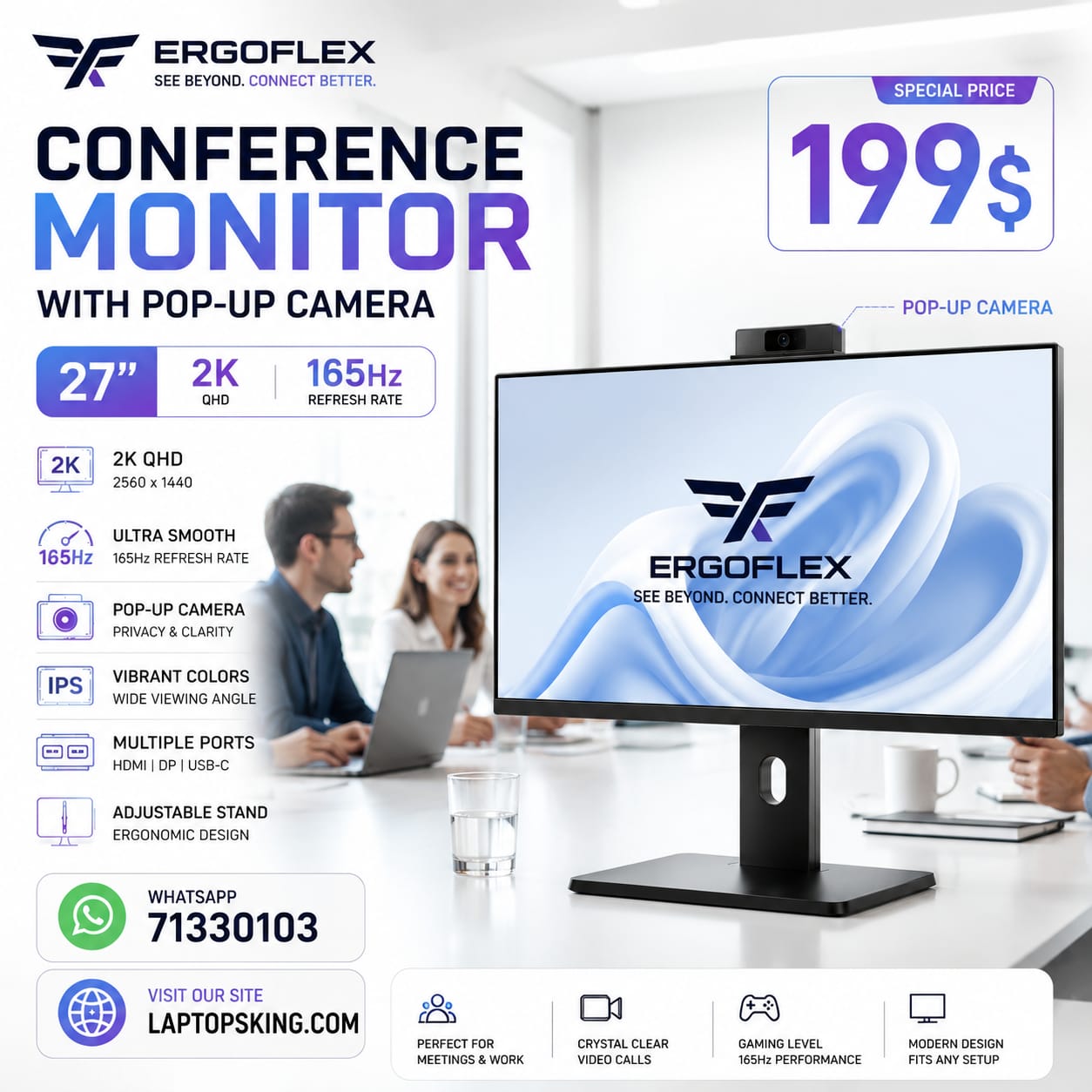 ERGOFLEX QHD 2K 165Hz Conference Monitor with Pop-Up Camera 27"(New)