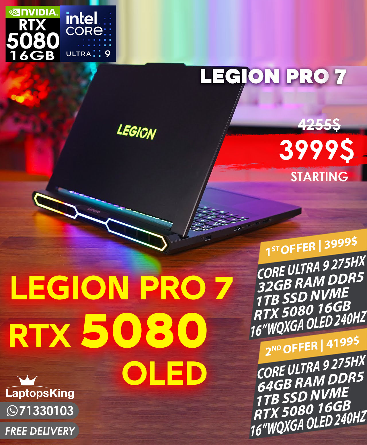 LENOVO LEGION PRO 7 16IAX10H CORE ULTRA 9 275HX RTX 5080 16GB 16” WQXGA OLED 240HZ GAMING LAPTOP(BRAND NEW)