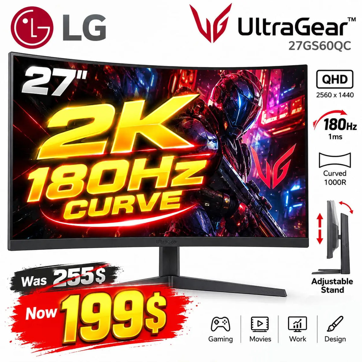 LG UltraGear 27GS60QC 27 2K QHD 180Hz 1ms Curved Gaming Monitor