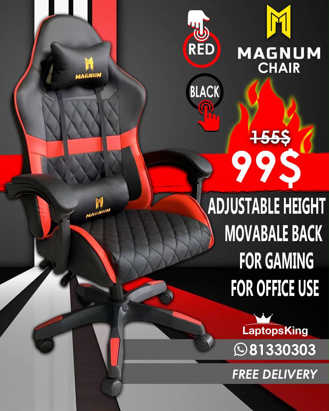 Magnum Black & Red Gaming Chair with Neck and Lumbar Support (New)
