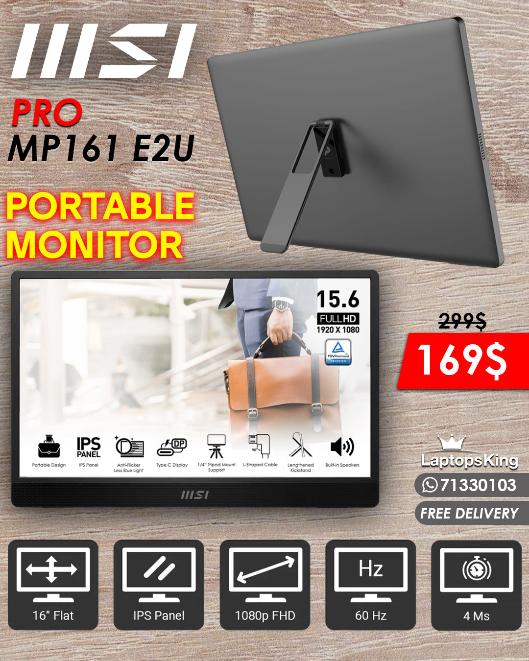 MSI PRO MP161 E2U 15.6" FHD 100HZ  BUSINESS PORTABLE MONITOR (BRAND NEW)
