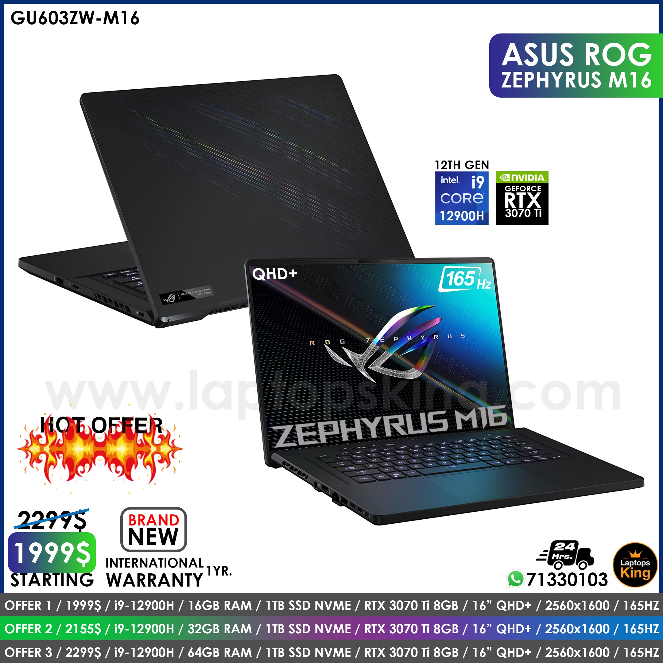 Asus Rog Zephyrus M16 GU603ZW Core i9-12900h Rtx 3070 Ti 165hz Qhd+ Ga –  Laptops King | Lebanon