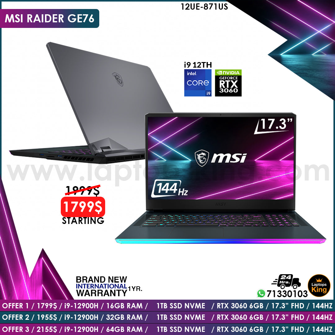 MSI Ge76 Raider 12UE-871US i9-12900h RTX 3060 144Hz Gaming Laptop Offers  (Brand New)