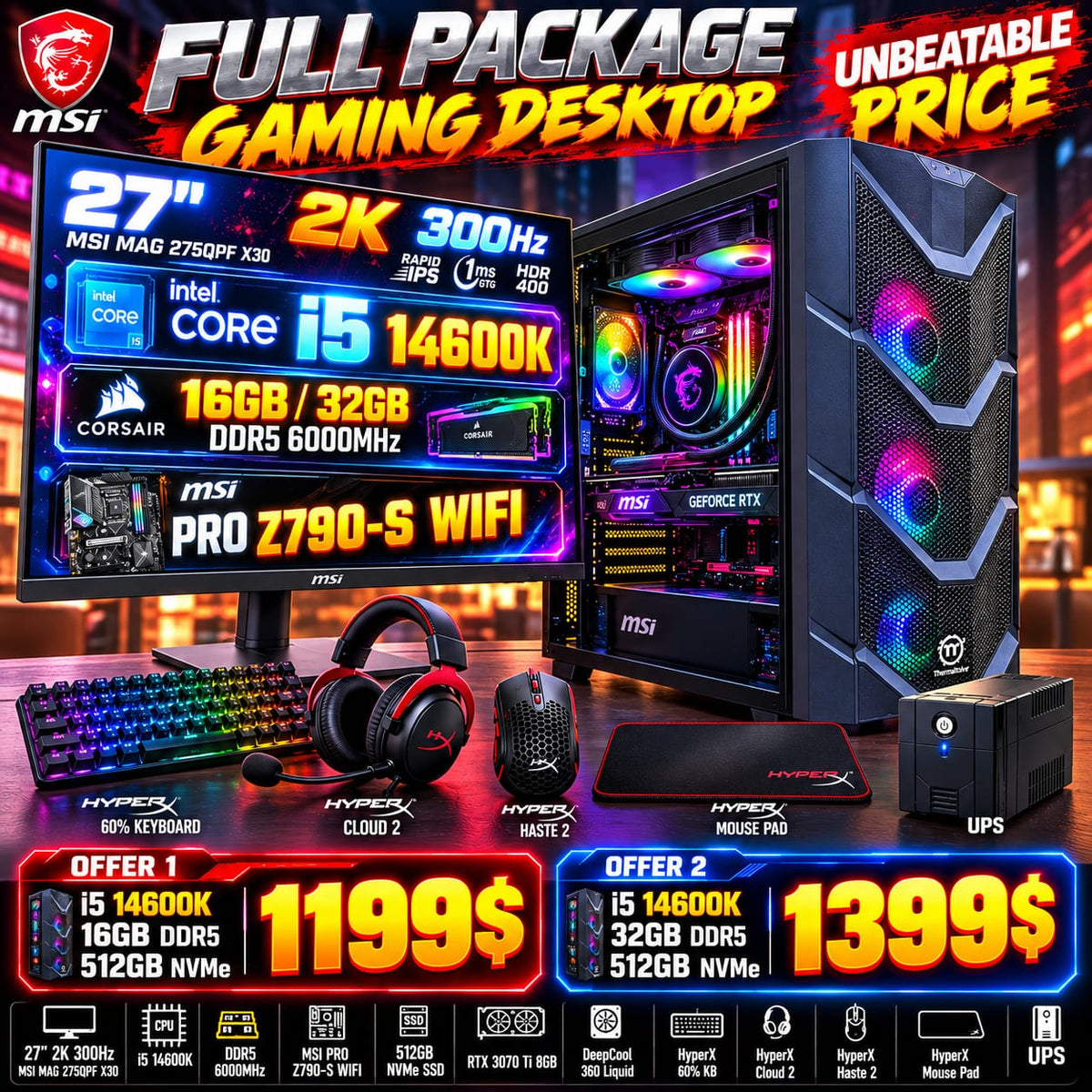 MSI Full Package Gaming Desktop Intel Core i5 14600K RTX 3070 Ti 8GB 512GB SSD (Used)
