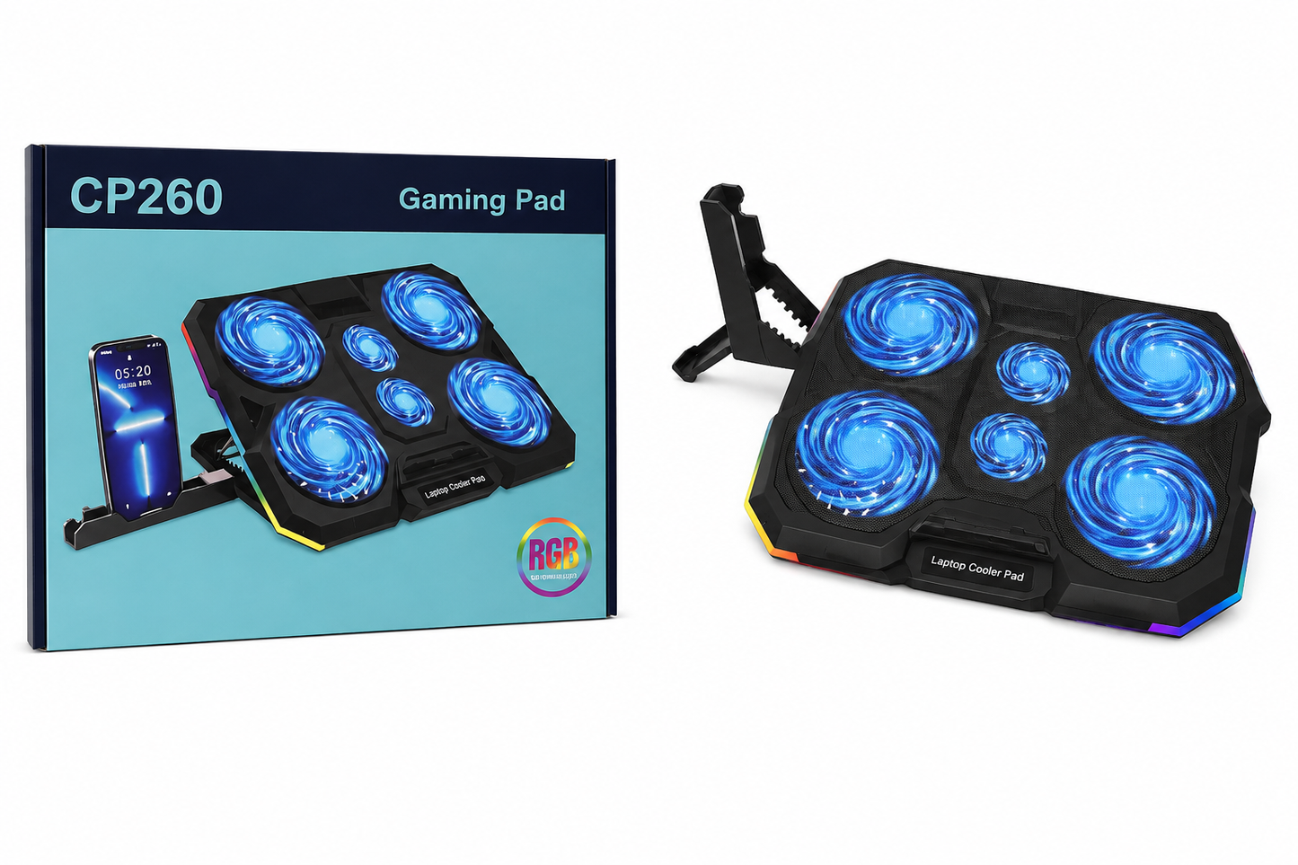 CP260 Gaming Laptop Cooling Pad 6 Blue LED Fans RGB Breathing Lighting Phone Holder Adjustable Stand (New)