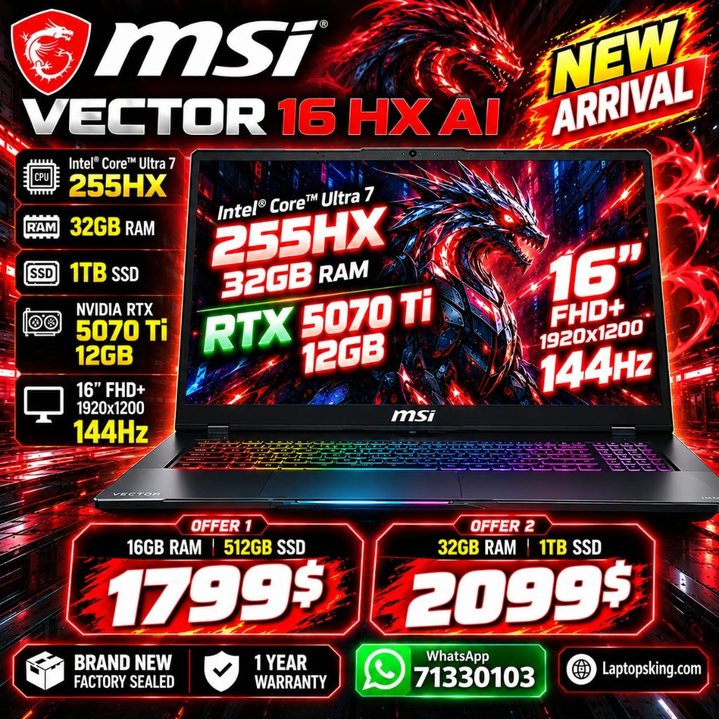 MSI Vector 16 HX AI 16 FHD+ 144Hz Intel Core Ultra 7 255HX RTX 5070 Ti 12GB Configurable RAM SSD Laptop (New)