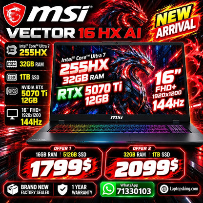 MSI Vector 16 HX AI 16 FHD+ 144Hz Intel Core Ultra 7 255HX RTX 5070 Ti 12GB Configurable RAM SSD Laptop (New)
