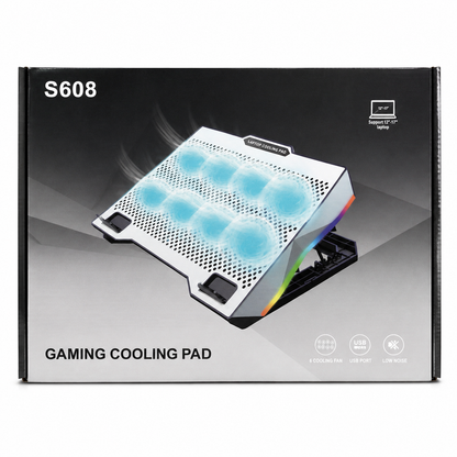 S608 Gaming Laptop Cooling Pad 8 Fans Blue LED Lighting Adjustable Stand Fits 12" to 17" Laptops (New)