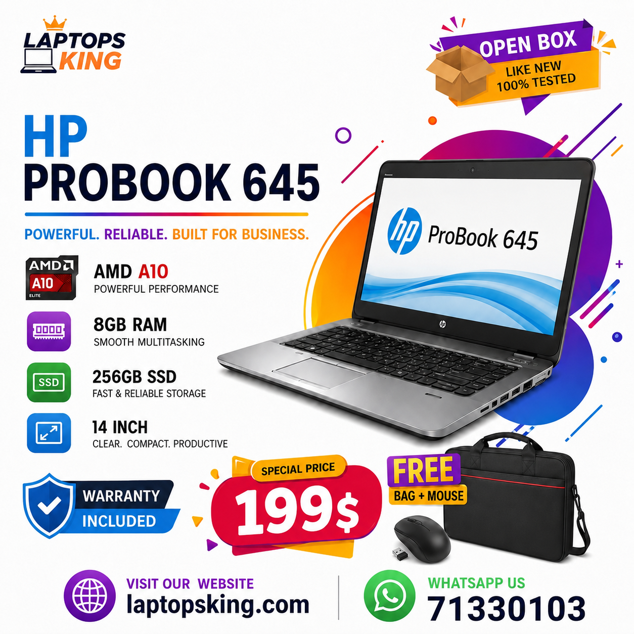 HP ProBook 645 AMD A10 8GB RAM 256GB SSD Laptop 14" (Open Box)