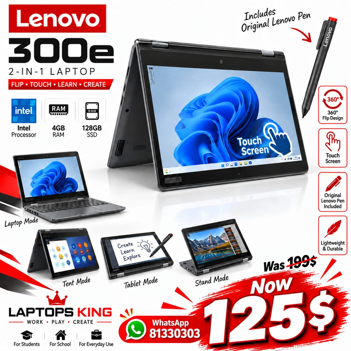 Lenovo 300e 2-in-1 Touchscreen Intel 4GB RAM 128GB SSD Laptop (Used)