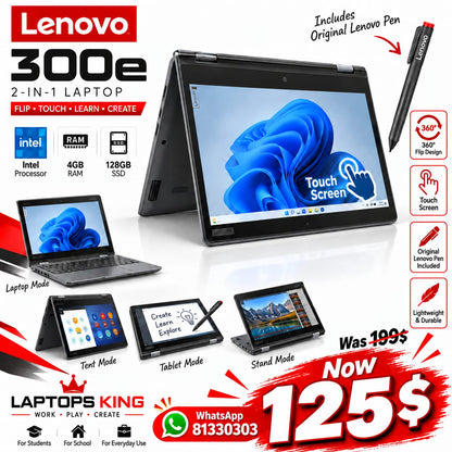 Lenovo 300e 2-in-1 Touchscreen Intel 4GB RAM 128GB SSD Laptop (Used)