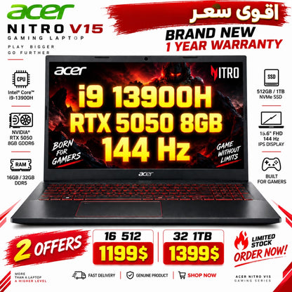 Acer Nitro V 15 Gaming Laptop Intel Core i9 13900H NVIDIA GeForce RTX 5050 8GB GDDR6 15.6" FHD 144Hz IPS (New)