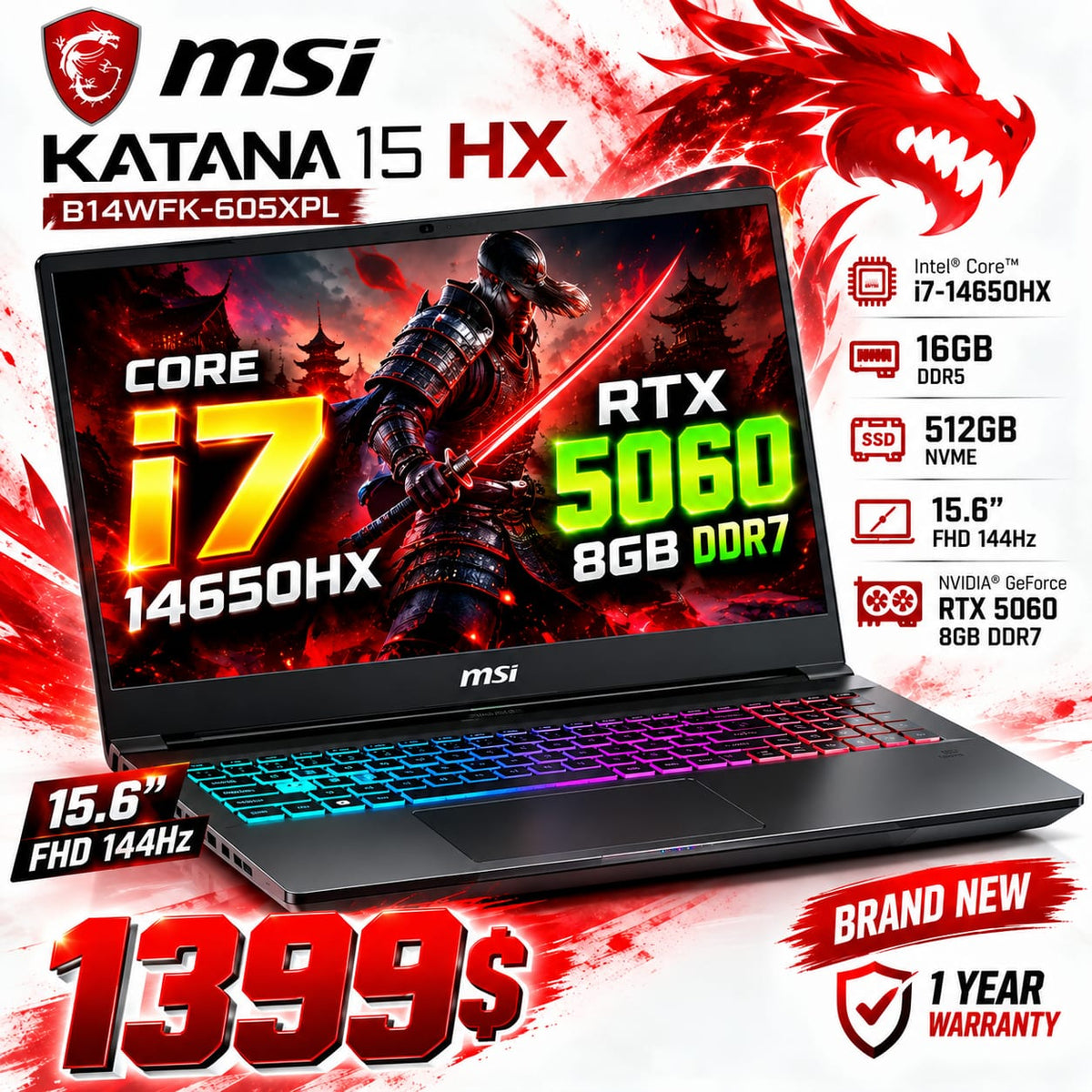 MSI Katana 15 HX B14WFK-605XPL 15.6 FHD 144Hz Core i7 14650HX 16GB DDR5 512GB SSD RTX 5060 8GB Laptop (New)